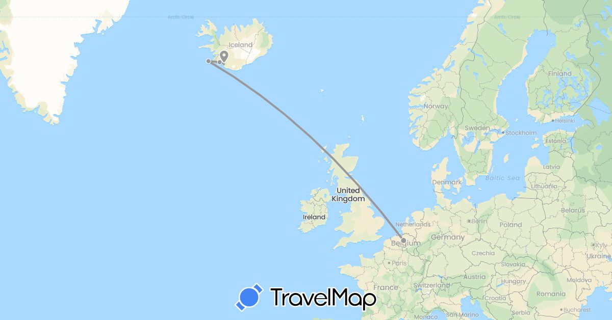 TravelMap itinerary: driving, plane in Belgium, Iceland (Europe)